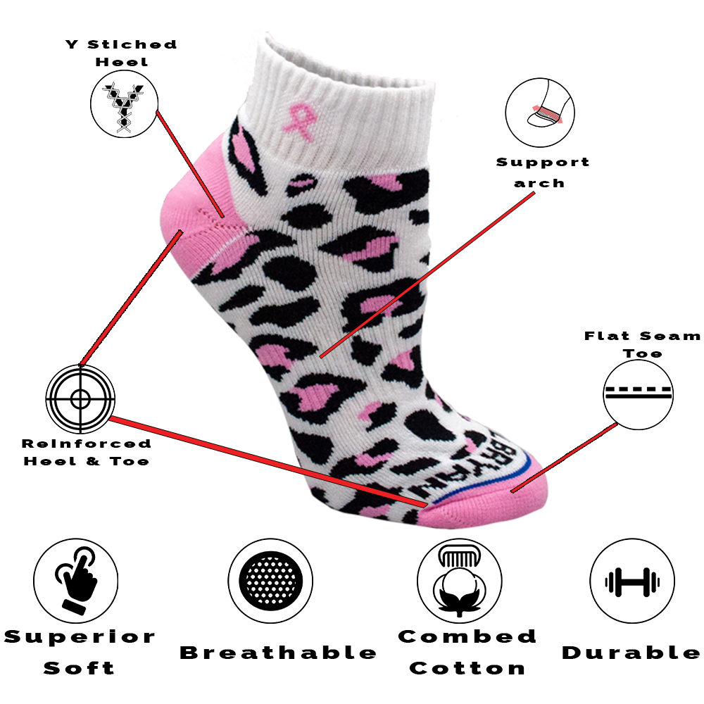 Pink Ribbon Leopard Print Quarter Sock